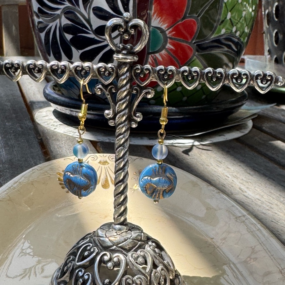 Blue and Gold Scorpion Czech Glass Bead Earrings